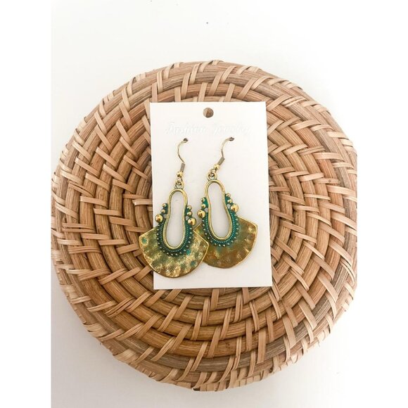 Dangle Earrings Hammered Gold Teal - Picture 1 of 7